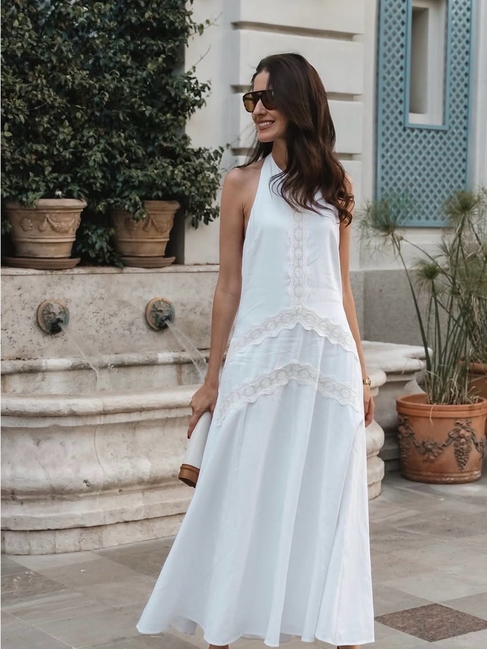 Zara White Halter Lace-Trim Maxi Dress